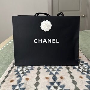 CHANEL Black Gift Bag with White Logo and Flower - Large